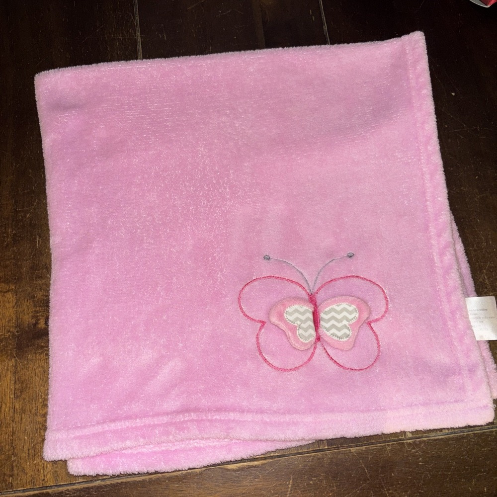 RN 67227 Pink Butterfly Baby Blanket Gray White Chevron Wings Plush Soft Lovey‎